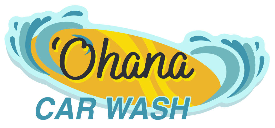 Ohana Car Wash logo with a surfboard and curling tidal wave over it